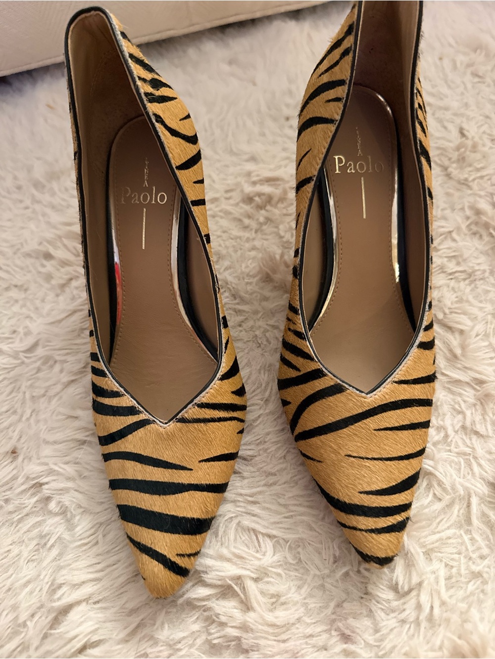 Paolo Tiger-Print Pointed Pumps in Tan and Black